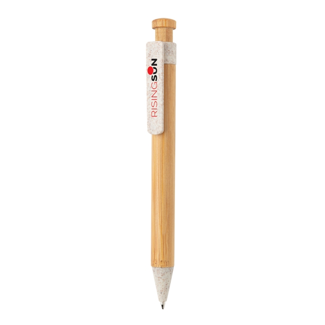 Bambus pen med clip i hvedestrå, hvid clip