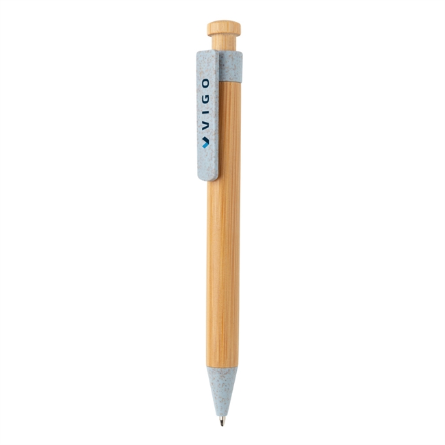Bambus pen med clip i hvedestrå, blå clip
