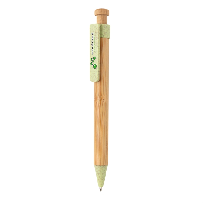 Bambus pen med clip i hvedestrå, grøn clip